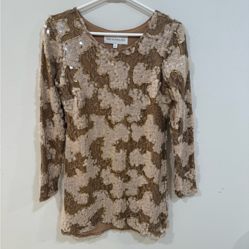 Dress the Population Gold and Cream Sequin Dress